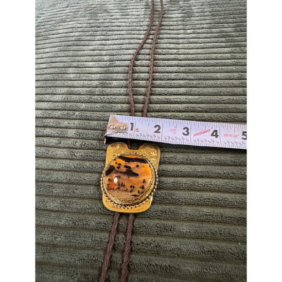 Vintage Western Bolo Tie Gold Tone Metal Scenic Picture Jasper Stone Mens - Picture 10 of 11